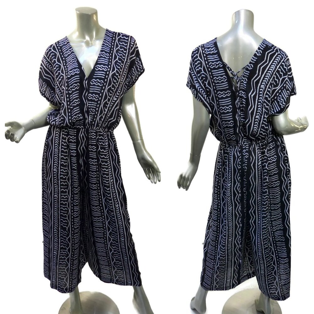 World Market Jumpsuit Corset  S-M Back Black White Tribal Mudprint Style Relaxed